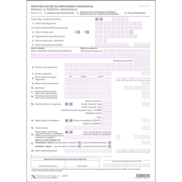 M-1 P/E PRIJAVA O POČETKU OSIGURANJA