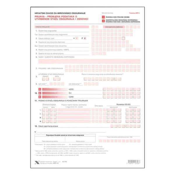 MPP-1/E PRIJAVA - PROMJENA PODATAKA O UTVRĐENOM STAŽU OSIGURANJA I OSNOVICI