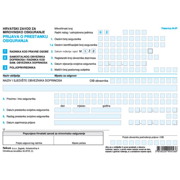 Obrazac M-2P/E prijava o prestanku osiguranja